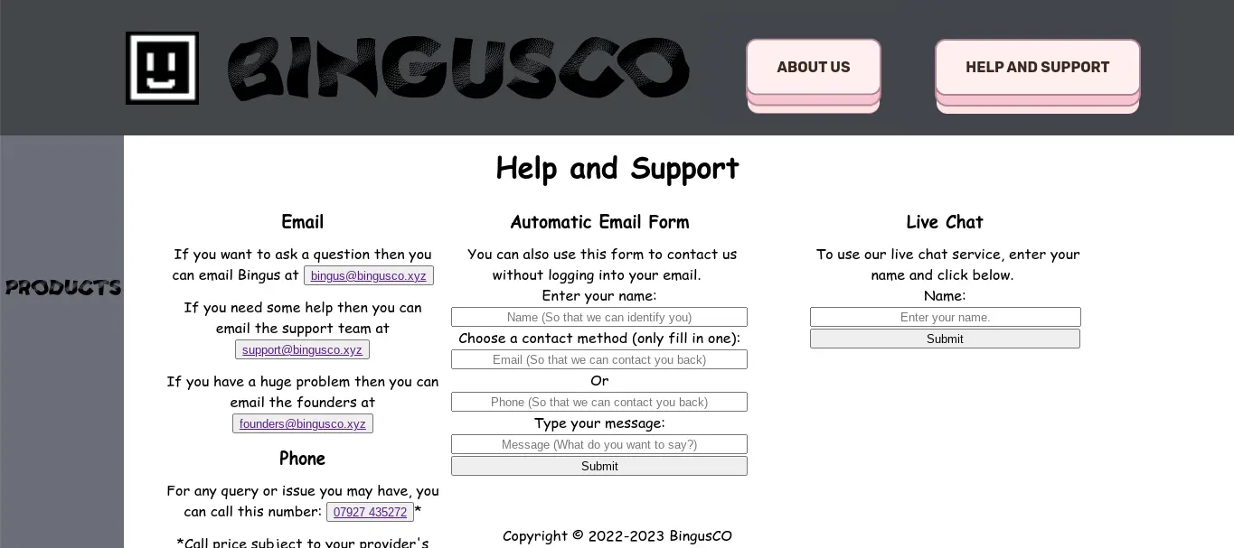 Image of old BingusCO help and support page